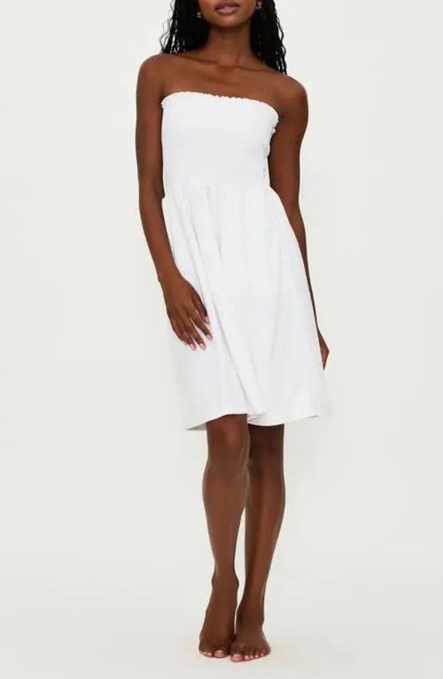 Beach Riot Lilee Strapless Smocked Swim Cover-Up Mini Dress in White - Large
